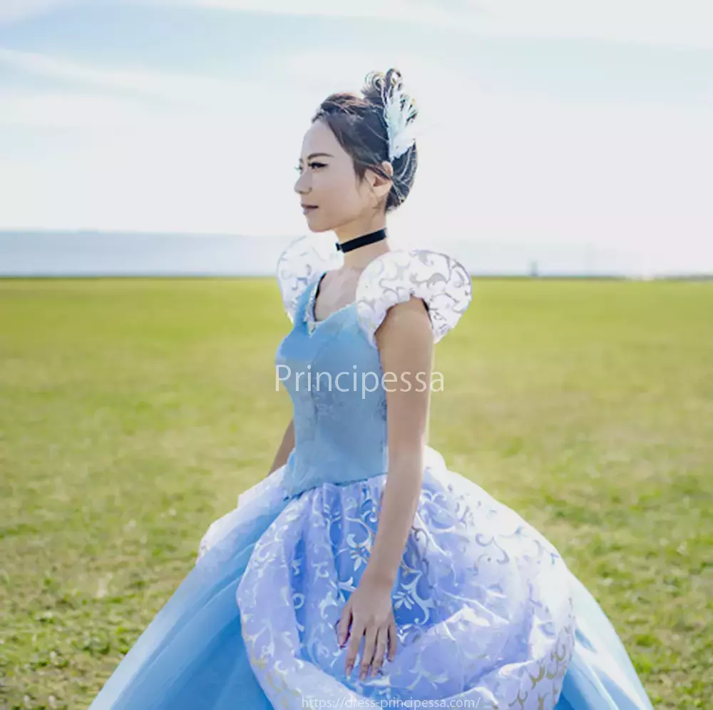 シンデレラをイメージしたドレスを着用する女性